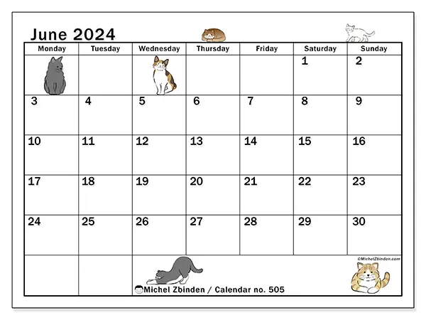 Free printable calendar no. 505 for June 2024. Week: Monday to Sunday.