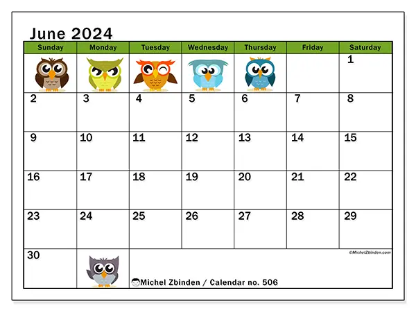 Free printable calendar no. 506 for June 2024. Week: Sunday to Saturday.