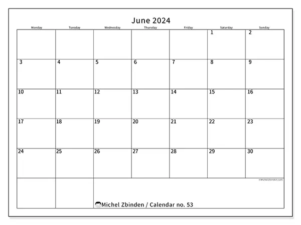 Free printable calendar no. 53 for June 2024. Week: Monday to Sunday.