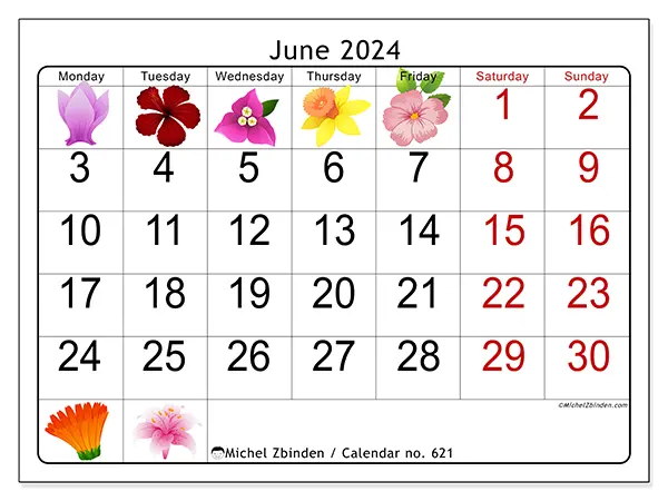 Free printable calendar no. 621 for June 2024. Week: Monday to Sunday.