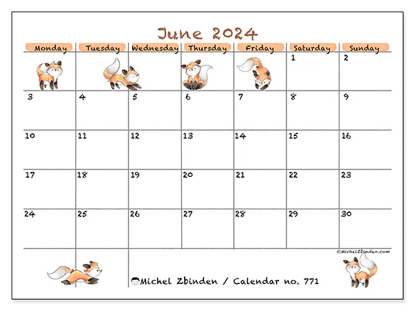Free printable calendar no. 771 for June 2024. Week: Monday to Sunday.