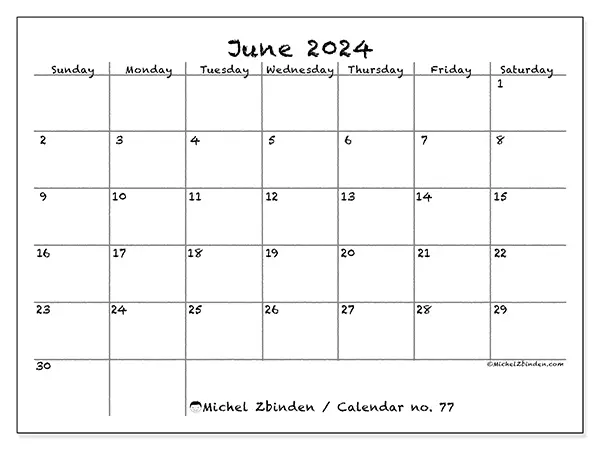 Free printable calendar no. 77 for June 2024. Week: Sunday to Saturday.