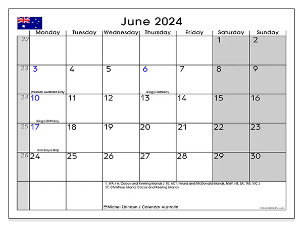 Free printable calendar Australia for June 2024. Week: Monday to Sunday.