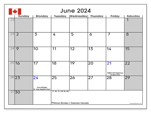 Free printable calendar Canada for June 2024. Week: Sunday to Saturday.