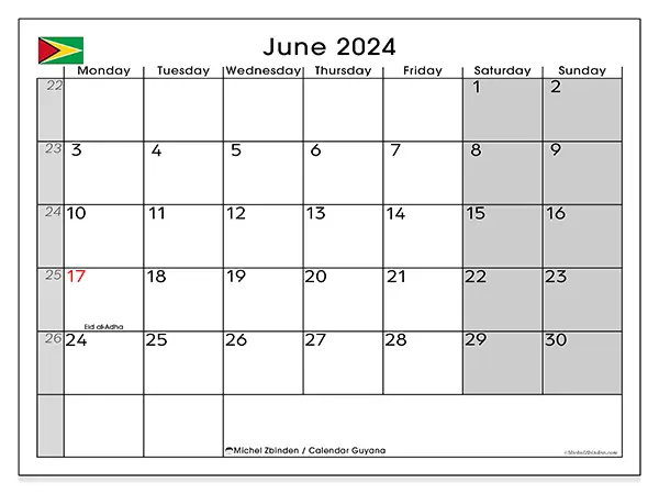Free printable calendar Guyana for June 2024. Week: Monday to Sunday.