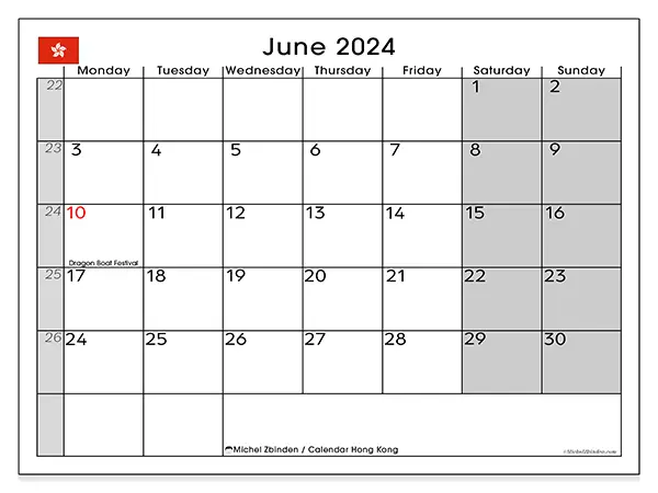 Free printable calendar Hong Kong for June 2024. Week: Monday to Sunday.