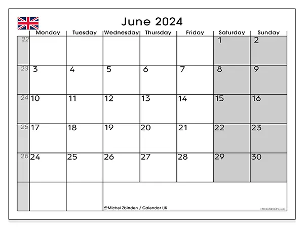 Free printable calendar UK for June 2024. Week: Monday to Sunday.