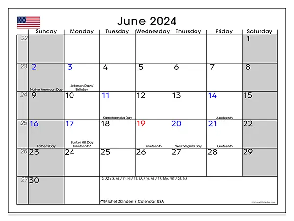 Free printable calendar USA for June 2024. Week: Sunday to Saturday.