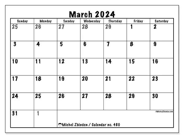 Free printable calendar no. 480, March 2025. Week:  Sunday to Saturday