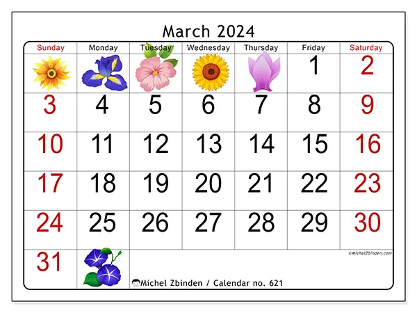 Free printable calendar no. 621, March 2025. Week:  Sunday to Saturday