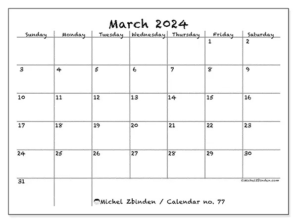 Free printable calendar no. 77, March 2025. Week:  Sunday to Saturday