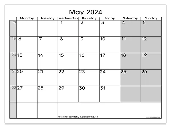 Free printable calendar n° 43 for May 2024. Week: Monday to Sunday.
