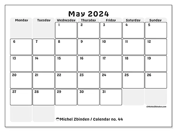 Free printable calendar n° 44 for May 2024. Week: Monday to Sunday.