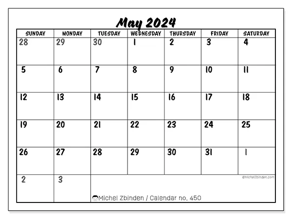 Free printable calendar n° 450 for May 2024. Week: Sunday to Saturday.