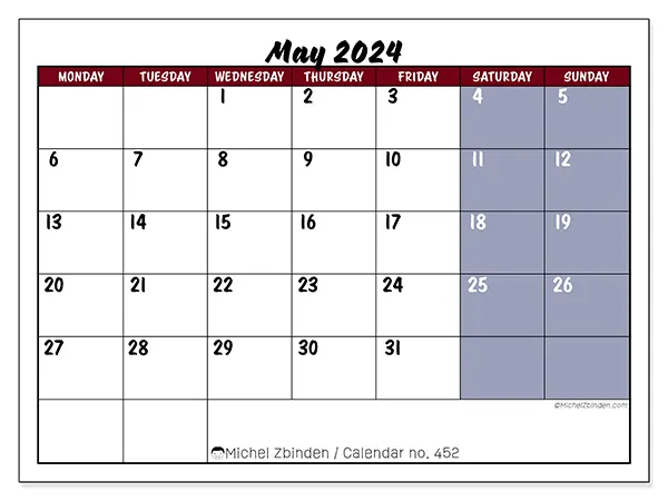 Free printable calendar n° 452 for May 2024. Week: Monday to Sunday.