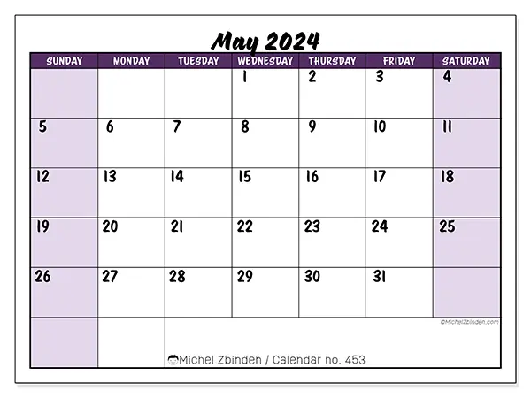Free printable calendar n° 453 for May 2024. Week: Sunday to Saturday.