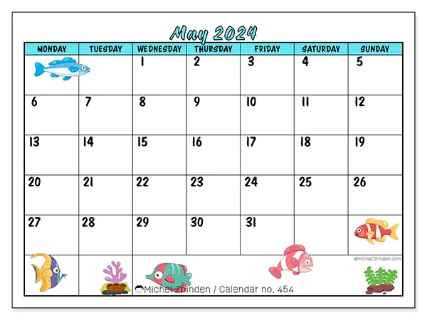Free printable calendar n° 454 for May 2024. Week: Monday to Sunday.