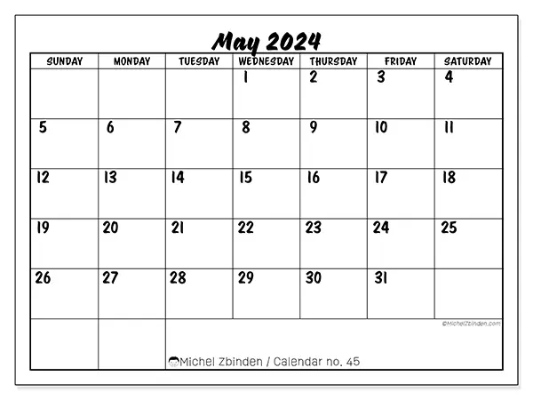 Free printable calendar n° 45 for May 2024. Week: Sunday to Saturday.