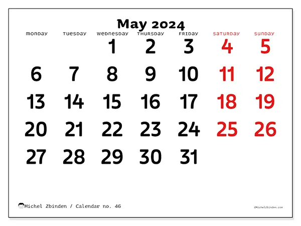 Free printable calendar no. 46 for May 2024. Week: Monday to Sunday.