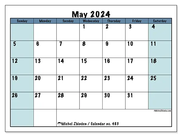 Free printable calendar no. 483 for May 2024. Week: Sunday to Saturday.