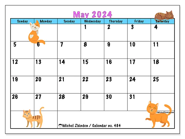 Free printable calendar no. 484 for May 2024. Week: Sunday to Saturday.