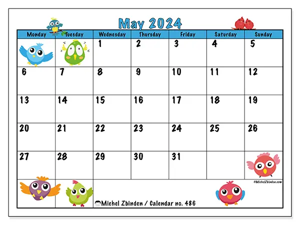 Free printable calendar no. 486 for May 2024. Week: Monday to Sunday.