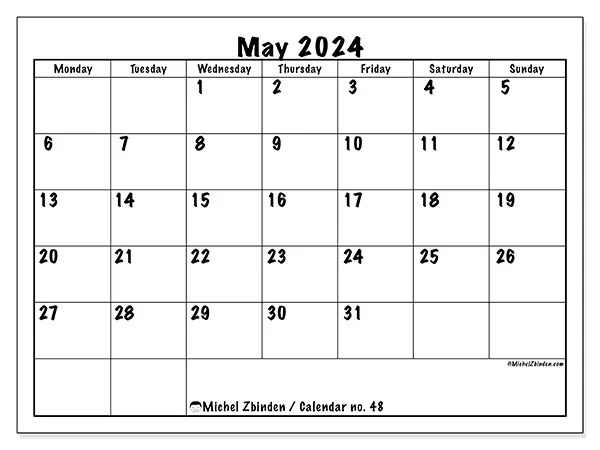 Free printable calendar no. 48 for May 2024. Week: Monday to Sunday.