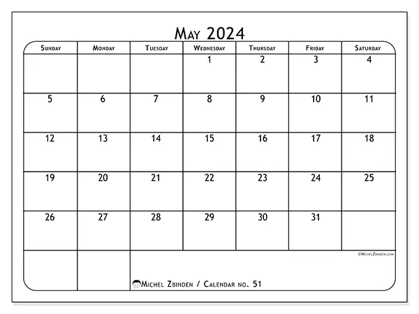 Free printable calendar no. 51 for May 2024. Week: Sunday to Saturday.