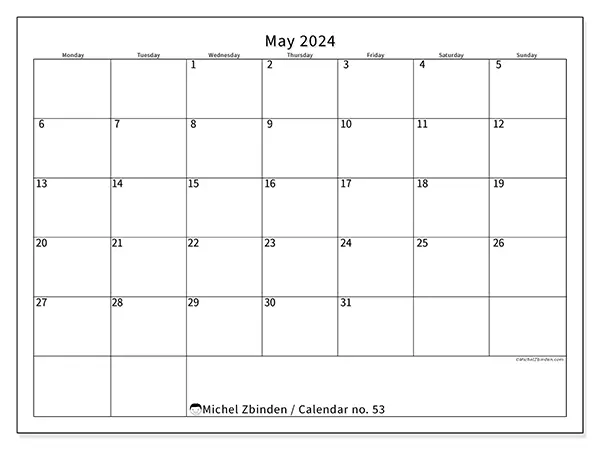 Free printable calendar no. 53 for May 2024. Week: Monday to Sunday.