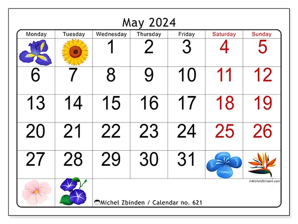 Free printable calendar no. 621 for May 2024. Week: Monday to Sunday.