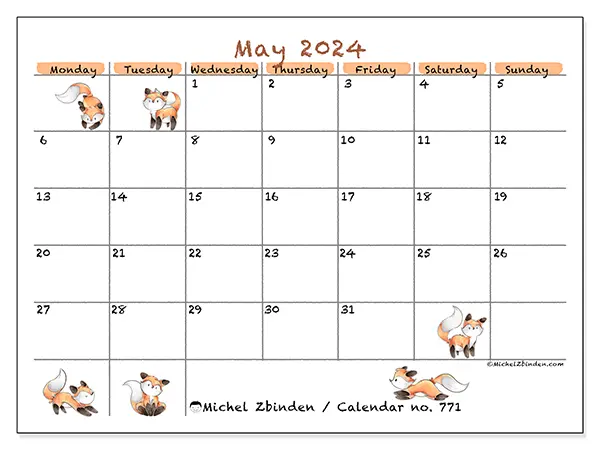 Free printable calendar no. 771 for May 2024. Week: Monday to Sunday.