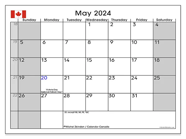 Free printable calendar Canada for May 2024. Week: Sunday to Saturday.