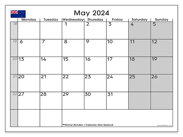 Free printable calendar New Zealand for May 2024. Week: Monday to Sunday.