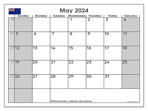 Free printable calendar New Zealand for May 2024. Week: Sunday to Saturday.