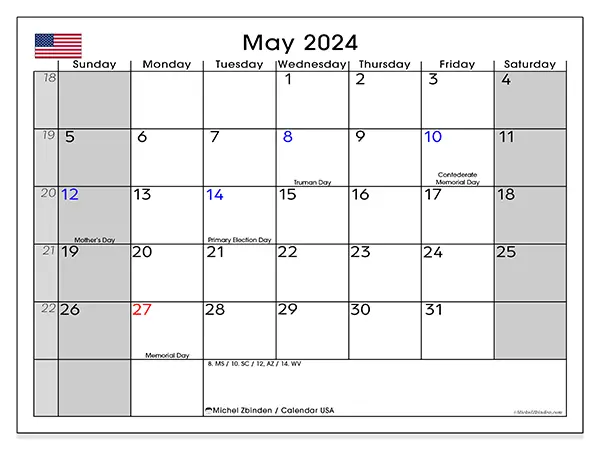 Free printable calendar USA for May 2024. Week: Sunday to Saturday.