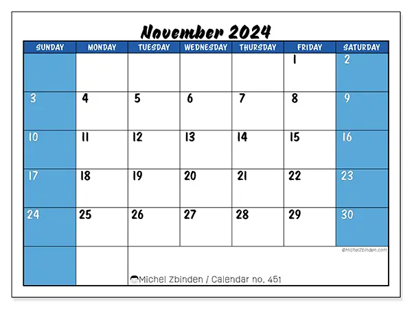 Free printable calendar n° 451 for November 2024. Week: Sunday to Saturday.