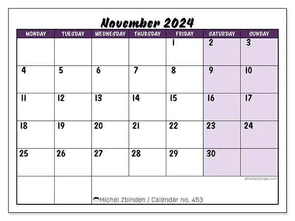 Free printable calendar n° 453 for November 2024. Week: Monday to Sunday.