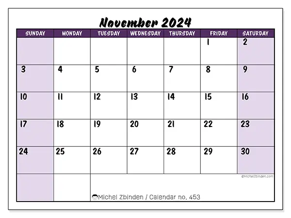 Free printable calendar n° 453 for November 2024. Week: Sunday to Saturday.