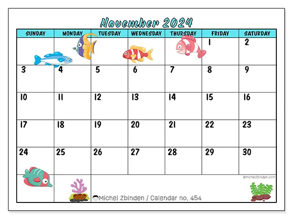 Free printable calendar n° 454 for November 2024. Week: Sunday to Saturday.