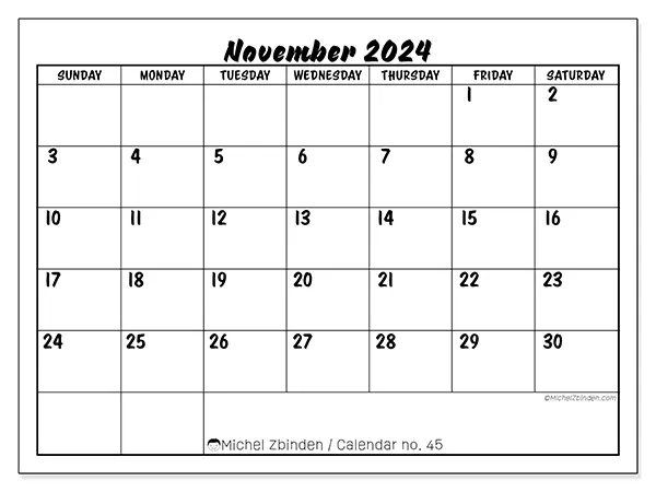 Free printable calendar n° 45 for November 2024. Week: Sunday to Saturday.