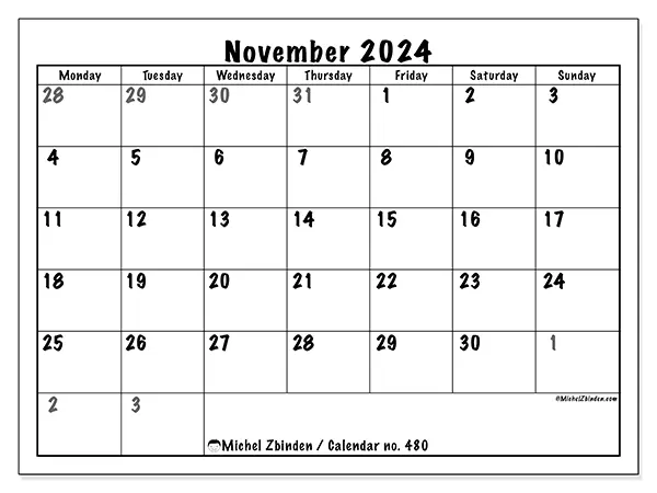 Free printable calendar no. 480 for November 2024. Week: Monday to Sunday.