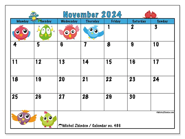 Free printable calendar no. 486 for November 2024. Week: Monday to Sunday.
