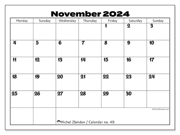 Free printable calendar no. 49 for November 2024. Week: Monday to Sunday.