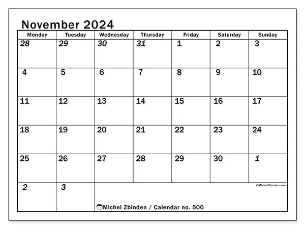Free printable calendar no. 500 for November 2024. Week: Monday to Sunday.