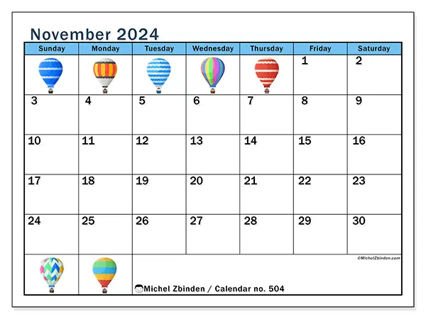 Free printable calendar no. 504 for November 2024. Week: Sunday to Saturday.