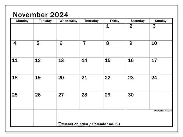 Free printable calendar no. 50 for November 2024. Week: Monday to Sunday.