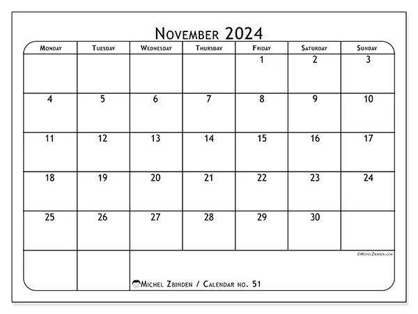 Free printable calendar no. 51 for November 2024. Week: Monday to Sunday.