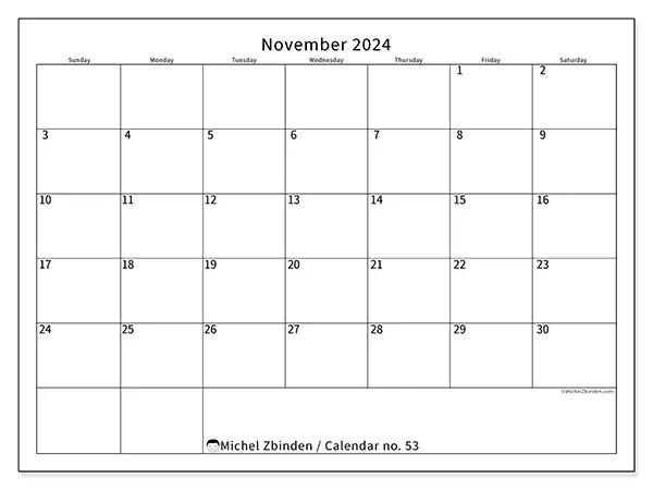 Free printable calendar no. 53 for November 2024. Week: Sunday to Saturday.