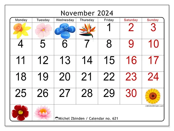 Free printable calendar no. 621 for November 2024. Week: Monday to Sunday.