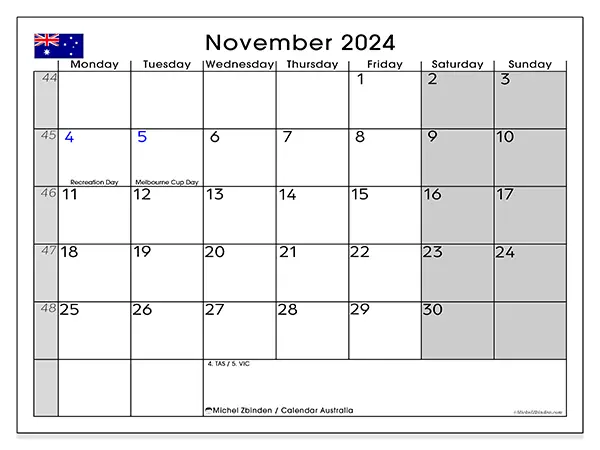 Free printable calendar Australia for November 2024. Week: Monday to Sunday.